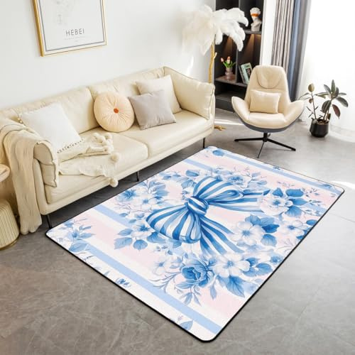 Homemissing Blauer Bogen Modern Teppich Jungen Mädchen Blau und Weiß Blumen Teppich 100x150cm Küchenteppich Kokette Bogenknoten Wohnzimmerteppich Streifen Muster Dekor Blauer Bogenknoten