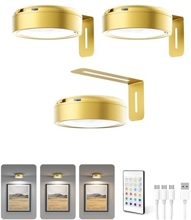 Homelist Bilderleuchte Kabellos, 2200mAh Akku, Gold, 3 Stück | Bilderlampe mit 12 RGB-Farben, 3 Farbtemperaturen, Dimmbar, Fernbedienung, Bildbeleuchtung Kabellos für Galeriewand, Vitrinen