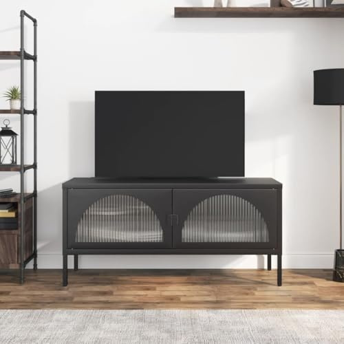 XHNIFBN Meuble TV bas noir 105 x 35 x 50 cm en acier et verre ondulé - Design moderne avec étagère réglable en hauteur - Espace de rangement et pieds de nivellement pour salon, couloir et chambre à