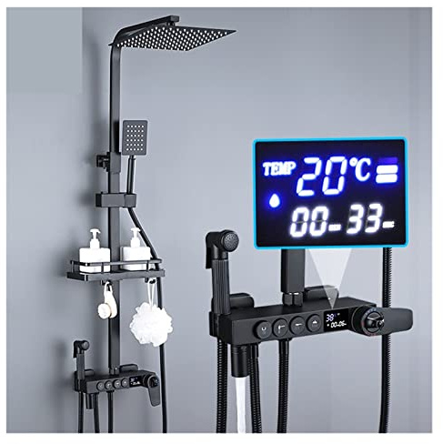 Ensemble de mélangeur de douche thermostatique Robinet de douche numérique thermostatique noir Options 4 et 3 voies Accessoires de douche de salle de bain élégants Finition or et blanc moderne Aqiong