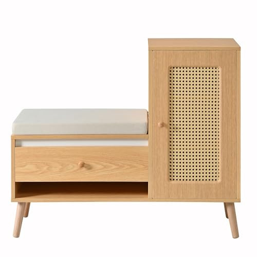 Rattan Garderobenbank mit Schuhschrank & Sitzpolster, Naturfarbe | Multifunktional, Schubladen & offene Fächer, Eine Schranktür, 95,5×35×80cm
