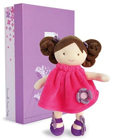 Jolijou - Poupée Tendre Brune - Lollipop - Boite Cadeau - 28 Cm - Bouclettes à Manipuler - Robe Rose et Chaussons - Idée Cadeau de Naissance Fille - DC3133