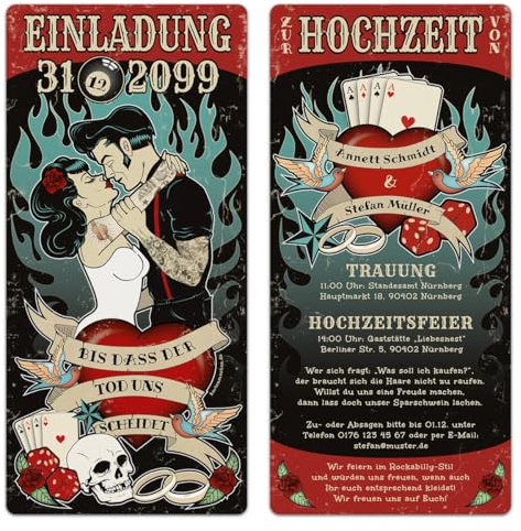 Kartenmachen.de Hochzeit Einladungen (10 Stück) - Rockabilly - Hochzeitskarten Vintage Rock 1950er