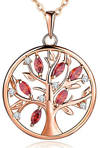 JO WISDOM Collier Pendentif Arbre de vie Yggdrasil Argent 925 Femme AAA Zirconium Pierre de naissance de Janvier Couleur Grenat avec plaqué or rose