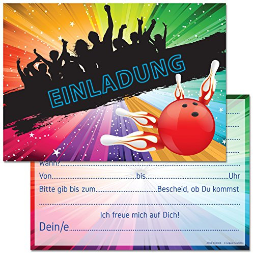 Gepard Solutions 12 Einladungskarten zum Geburtstag/Kindergeburtstag/Party mit Motiv Bowling/Kegeln (Mit Einladungstext)