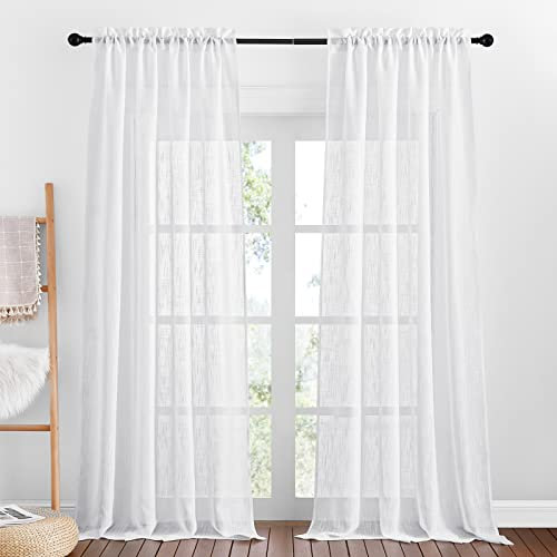 PONY DANCE Gardinen Wohnzimmer Modern - 2 Stücke H 240 x B 132 cm Leinenoptik Vorhang Weiß Halbtransparent Balkontür Vorhänge mit Stangedurchzug