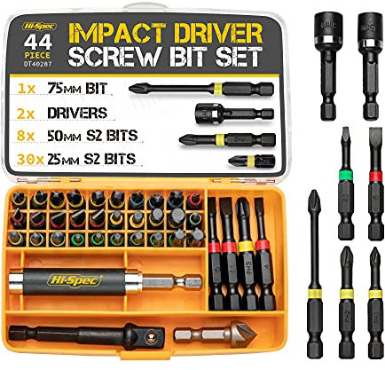 Hi-Spec 44pc Impact Drill Driver Screw Bit Set with Popular PZ & PH Sizes. 1/4 Hex S2 Screwdriver Bits with Nut and Socket Drivers.