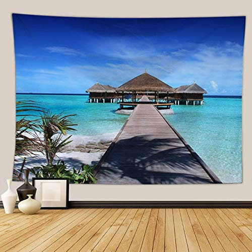 Daesar Arazzo per Letto, Arazzo Camera da Letto Padiglione di Riposo del Sentiero Costiero Acqua di Mare Blu Grigio Telo Mandala Spiaggia 100×75CM Telo Copridivano Poliestere