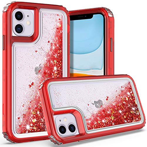 WZOKA for iPhone 11 Case, Unique Style Liquid Glitter Case, iPhone 11 6.1 inch, 3 in 1 Hybrid Quicksand Sparkle Heavy Duty Case (Red)