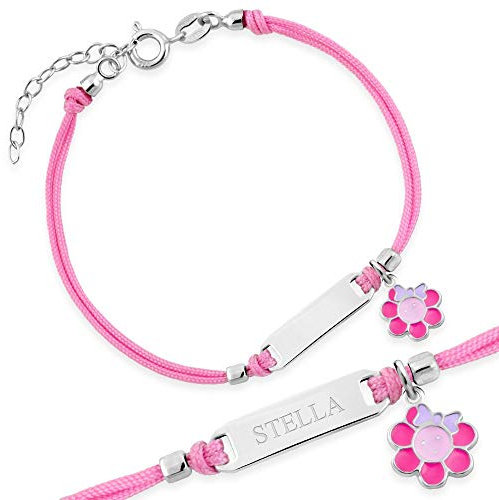 Maverton Kinder ID Armband 925 Silber mit Gravur + personalisierte Geschenkbox - Baby Armkette mit Anhänger - Namensarmband für Mädchen zur Geburt zur Taufe - Länge: 13-16 cm - Rosa -