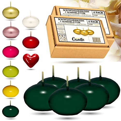 Candle Harmony Lot de 6 Bougies Flottantes Diamètre 40 mm avec Pétales de Rose Couleurs Festives Bougie Flottante Bougies de Noël Bougies (Vert)