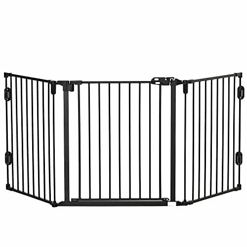 PawHut Hunde Absperrgitter Türschutzgitter Haustierschutzgitter verstellbar klappbar Kamingitter mit automatische schließenden Tür 3 Paneele für Ofen Wandmontage/Freistehend Schwarz 202,5 x 76 cm