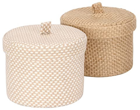 Sea Team 2 Pack Jute und Baumwolle Leinen Aufbewahrungskorb Nette runde Box für Toilettenartikel Spielzeug Verschiedenes Artikel 2 Liter Schreibtisch Gadget Organizer mit Deckel (Small A)