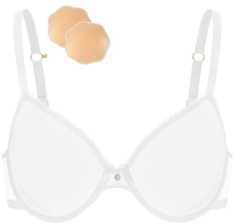 Wingslove Soutien-Gorge Transparentavec Armature Sexy Sein Nu Dentelle avec 1 Paire AdhéSif Cache-TéTons(Blanc,90B)