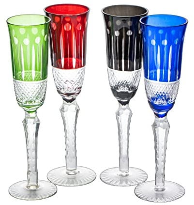 The Wine Savant Crystal Italian Multicolor Design Flutes - 4 Set - 5oz 9 H Cocktail & Champagne Glassware Bohemian Venetian Style Red, Blue, Green, Black Glasses, Dinners Parties, Bars & Weddings