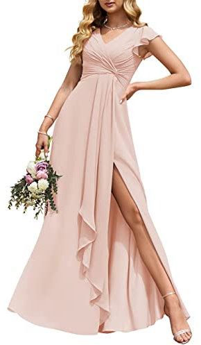 Abiti da sposa damigella d'onore eleganti lunghi impero vita pieghettata volant fluidi abiti da sera con fessura, Rosa cipria, 50