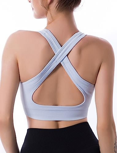 CLDFHX Damen Sport BH Kreuz Rücken Nahtlos Ohne Bügel Bequem Sport Top Crop Gym BH mit Kreuzträgern für Yoga Workout Fitness, Hellblau, L