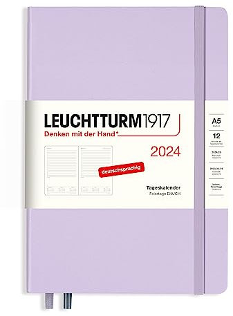 LEUCHTTURM1917 367587 Tageskalender Medium (A5) 2024, Lilac, Deutsch, 12 Monate