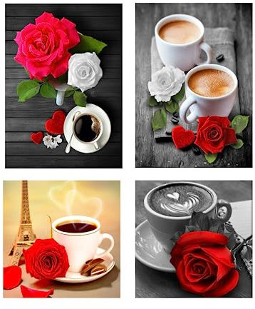 SHEGZHUC 4 Pack Diamond Painting Kaffee Rosen 30x40 cm Diamant Painting Bilder Kaffee Bilder für die Küche Malen Nach Zahlen Blumen Rosen