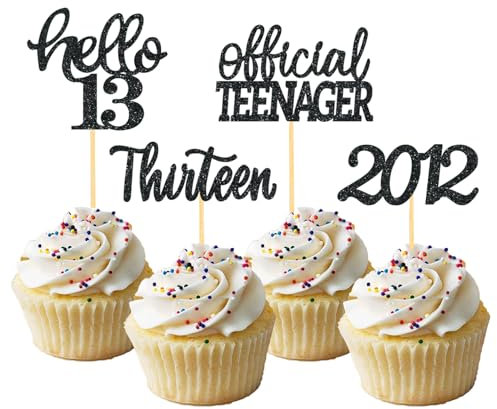 24 Stück Glitzer 13. Geburtstag Cupcake Topper, Geburtstagsdeko 13 von 2012 für 13. Geburtstag Junge, 13 Geburtstagsfeier Zubehör Party Dekoration Kuchendekoration (Schwarz)