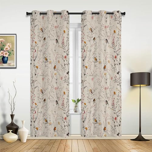 Blumen Vögel Blickdichte Gardinen Verdunkelungsvorhange 2er Set - Retro Wärmeisolierende Vorhänge mit Ösen für Wohnzimmer Schlafzimmer Blackout Curtains, 229 x 168 cm