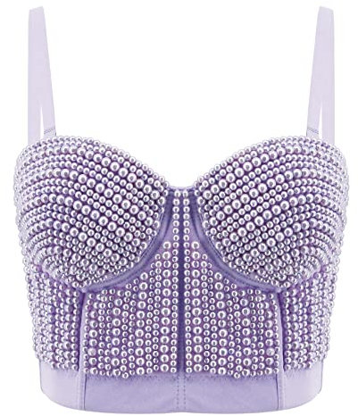 Naimo Corsetto sexy da donna con perle, reggiseno push up crop, reggiseno beaded canotte cami, top per feste clubwear, Lilla, L