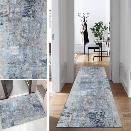Läufer Teppich Blau Lang Flur Läufer Abstrakte rutschfest Waschbar 100x300cm Modern Dauerhaft Flur Läuferteppich TeppichLäufer Küchen Korridor Polyester Anpassbar Meterware