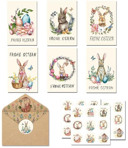 CC HOME Ostern Grußkarten mit Umschlägen Dankeskarten, 24-teiliges Ostergrußkarten-Set, Osterfaltkarten mit Umschlägen und Aufklebern, Osterhasen-Postkarten für Kinder, Familie, Freunde(Osterhase A)
