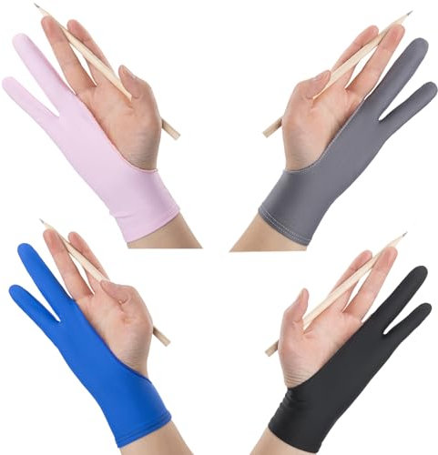 ieron 4 Pezzi Guanti da Artista, Antivegetativa Guanto da Disegno Digitale Anti Tocco Sbavature Mano Sinistra Destra per Tavoletta da Disegno, Guanto da Disegno a 2 Dita Taglia M Nero Grigio Blu Rosa