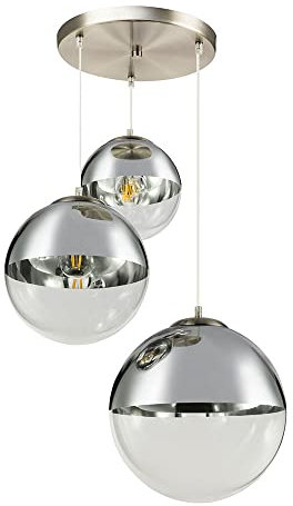 Hängeleuchte Hängelampe Pendelleuchte Kugellampe Esszimmerleuchte Schlafzimmer, 3 flammig, Metall Glas Chrom Nickel matt, 3x E27 Fassungen, DxH 51x120cm