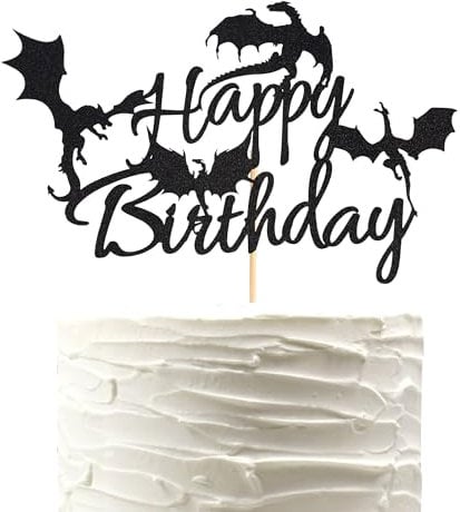 Arthsdite 1 Pc Dragon Happy Birthday Cake Topper Pick Decoration for Theme Party Supplies - Black Glitter