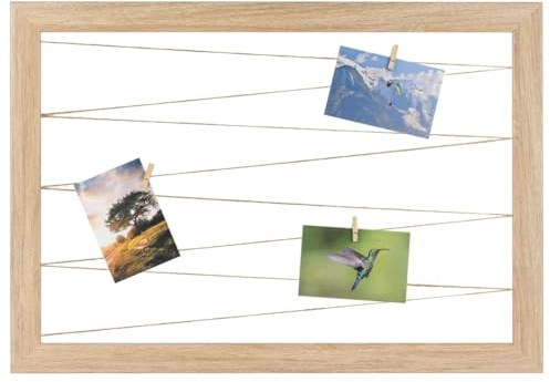 CLAMARO Bilderrahmen mit Juteband-Fotoleine, Eiche Natur, 60 x 40 cm | Neo Collage Line, 20 Holzklammern aus Echtholz, 38 mm breiter MDF-Rahmen, Metall-Wandhalterung für Hochformat