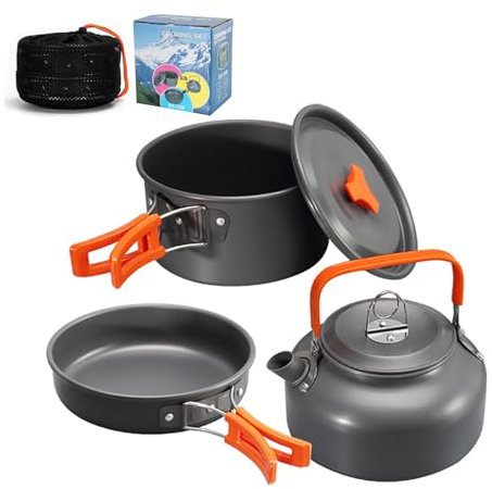 Utensilios Cocina Camping,Batería de Cocina para Camping Ligero portátil,Juego de Ollas y Sartenes para Acampar Juego de Cocina de Aluminio para 1-2 Kit Camping