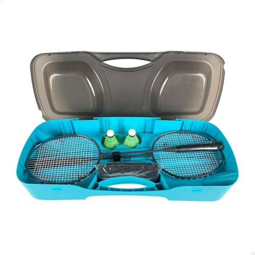 AKTIVE Filet de Badminton Portable, 295X160 cm, Bleu et Noir, 2 Raquettes, 2 Volants, Pieds Extensibles, Mallette de Transport et de Rangement, Montage sans Outil