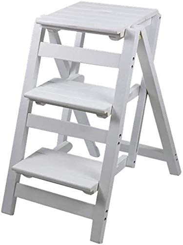 Step Stool 3 Ladder Stool Multi-Function Folding Stair Chair Dual-Use Step Ladder Household Solid Wood Step Ladder Step Stool/White