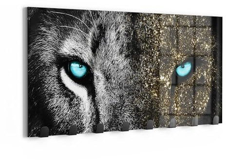 DEQORI Wandgarderobe Glas & Metall | Motiv Stolze Löwenstärke | 60x30 cm | Design Haken-Leiste modern | Garderoben-Paneel für Flur, Wohnzimmer & Schlafzimmer | magnetisch & beschreibbar