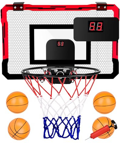Basketball Hoop Indoor Mini for Door with Automatic Scoring and 4 Basketballs for Kids and Adults, Toddler Basketball Hoop Toy Gift for Boys Girls Age 6 7 8 9 10 11 12 13 Years