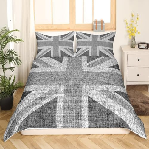 Loussiesd Flagge des Vereinigten Königreichs Bettwäsche Union Jack Bettwäsche Set 135x200cm Grau UK Flaggege Bettbezug Set Geometrisch für Kinder Ultra Weicher mit Reißverschluss