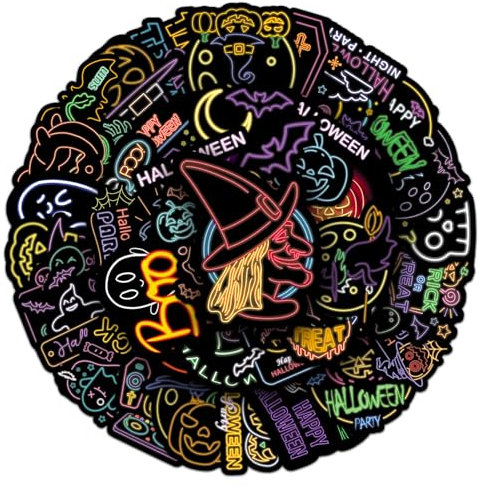 Neon Halloween Stickers for Laptop (50 PCS),Gift for Children Teens Adults Girl Boys,Waterproof Stickers for Water Bottle,Neon Halloween Stickers for Scrapbook,Skateboard,Bike,Phone,Dairy