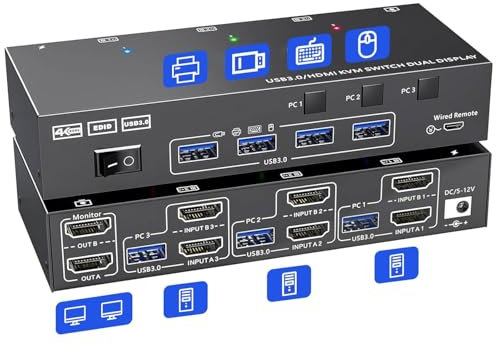 KVM Switch 3 PC 2 monitor, EDID Emulator, USB 3.0 HDMI KVM Switch 4K@60Hz, HDMI 2.0, Dual Monitor KVM Switch 3 PC parti tastiera senza fili, mouse, stampante, con cavo wired Remote 3 USB3.0 e 2 HDMI