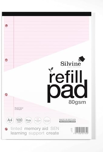 Silvine A4 Pink Paper Dyslexia Refill Pad - Lined with Margin (100 Pages)