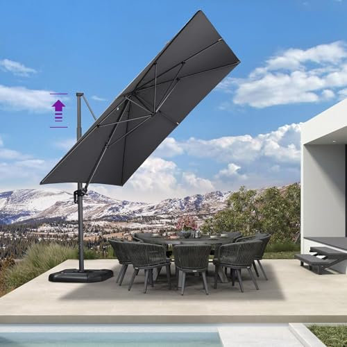 PURPLE LEAF Ombrellone da Giardino Esterno Telescopico 350 × 350 cm Quadrato Ombrellone Deportato con Sollevamento e Abbassamento, Inclinabile e Girevole a 360°, Protezione UPF 50+, Grigio