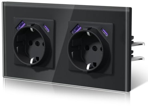 BSEED Enchufes con 20W USB y Tipo C,Enchufe Doble Pared con Cristal,Carga Rápida,Instalación Con Garfio,E-Serie,2 Enchufes con 20W USB y Tipo C,157mm Negro