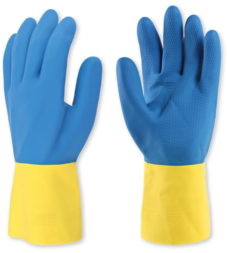 FRANZ MENSCH 50 Stück Chemikalienschutzhandschuhe Conqueror ll | Latex/Neopren, blau-gelb, 10/XL, L: 33 cm, Karton, Chemikalien Schutz Handschuhe, Chemie Handschuhe