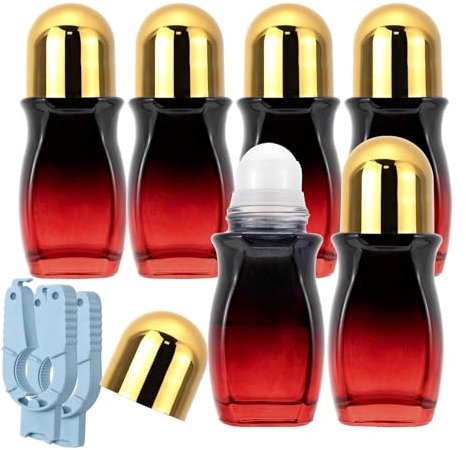 Rowiz 6Pack Glass Roller Bottles 50ml Gradient Red Deodorant Roller Bottle with Plastic Rollerball Refillable Roller Ball Deodorant Container for Essential Oils, Perfume (Gold Lid & 2pcs Openers)