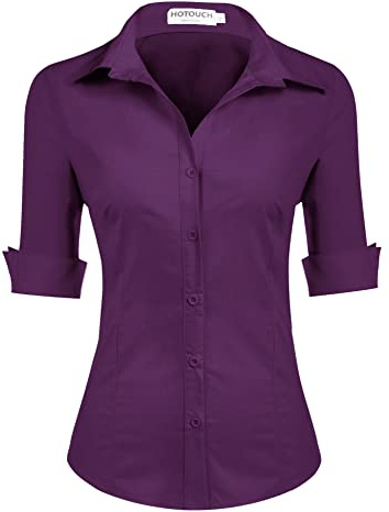 HOTOUCH Womens Blouses 3/4 Sleeve Cotton Shirt Ladies Office Shirts Basic Fitted Blouse V-Neck Short Sleeve Top Purple L