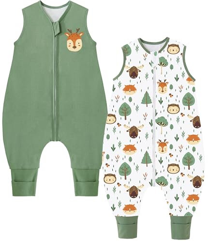 Chilsuessy 2er Pack Baby Sommerschlafsack mit Füßen 0.5 Tog Kleine Kinder Schlafsack mit Beinen 100% Baumwolle Schlafstrampler für Jungen Mädchen, Grün + Waldtiere, 100cm/Baby Höhe 110-120cm