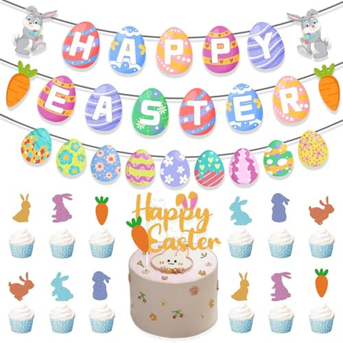 JSTHHTT Osterdeko Banner, Happy Easter Girlande Ostern Deko, Ostereier Frohe Osterhasen-Ei-Banner, Osterdekoration für Kinder Osterfeier Drinnen Draußen Garten Party Dekoration