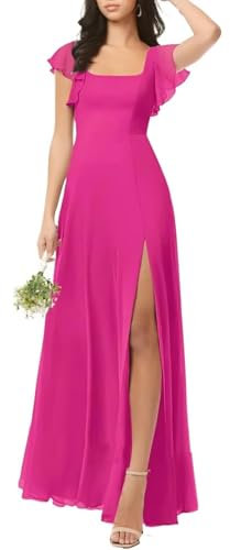 Vestido de dama de honor de gasa con cuello cuadrado para mujer, vestido largo de noche, formal, cintura imperio, vestido de invitada de boda con abertura, fucsia, 38