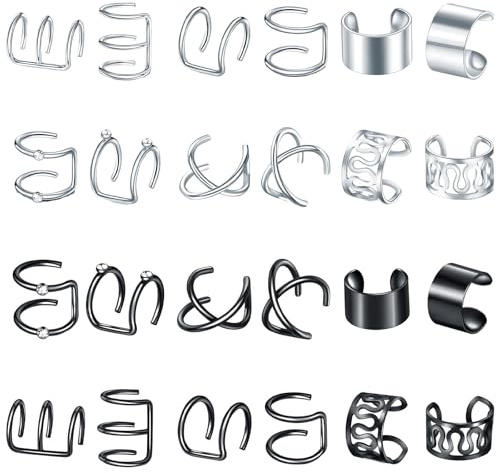 24 Stück Fake Piercing, Ohrklemmen und Fake Piercings in Silber und Schwarz, Ideal für Ear Cuffs, Fake Nose Rings und Fake Lip Rings, Das perfekte Geschenk für Geburtstag